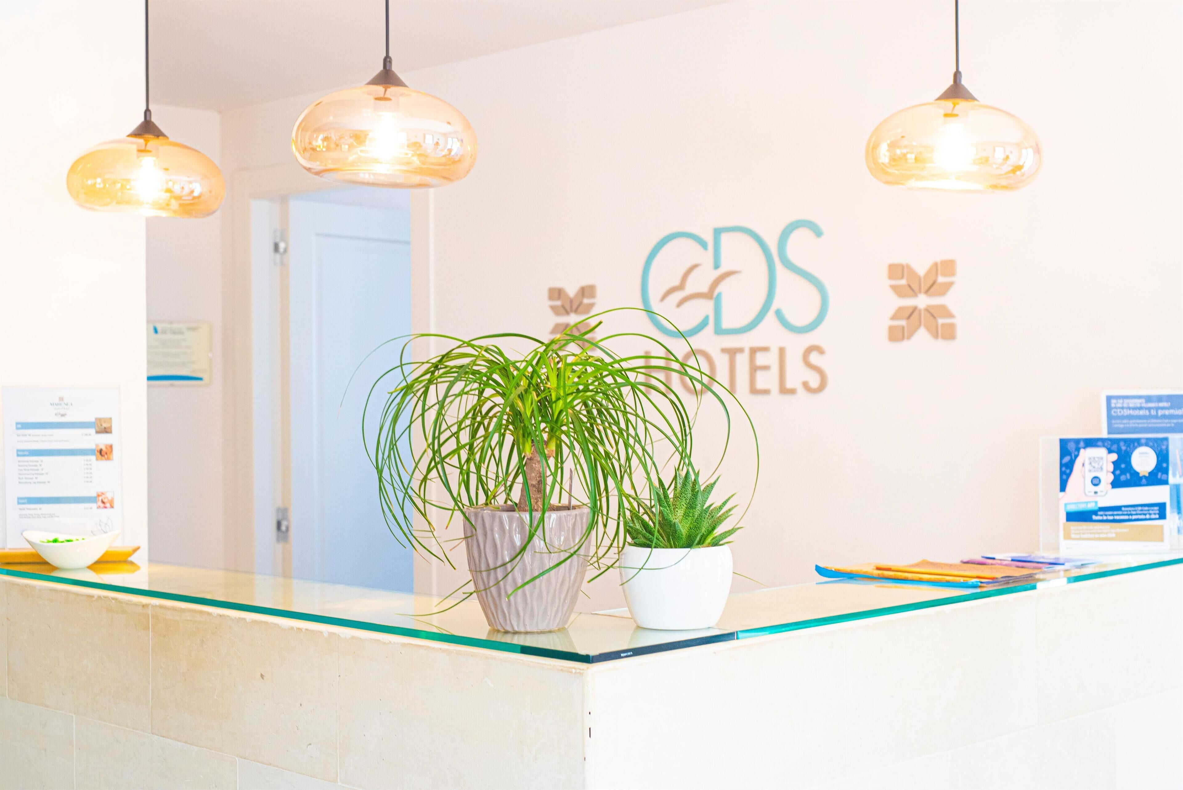 A reception desk with a glass top, two hanging pendant lights, a potted plant, and a sign for CDS Hotels.