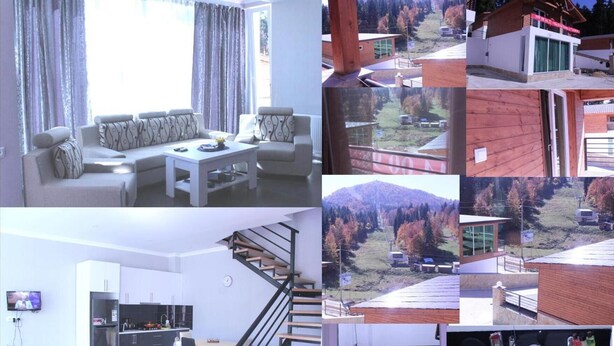 Una sala de estar moderna con un conjunto de sofás, una mesa de comedor y una zona de cocina con refrigerador y estufa.