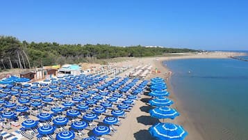 Plage privée, chaises longues, parasols, bar de plage