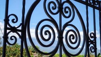 A wrought iron gate with intricate designs, set against a backdrop of greenery and a clear sky.