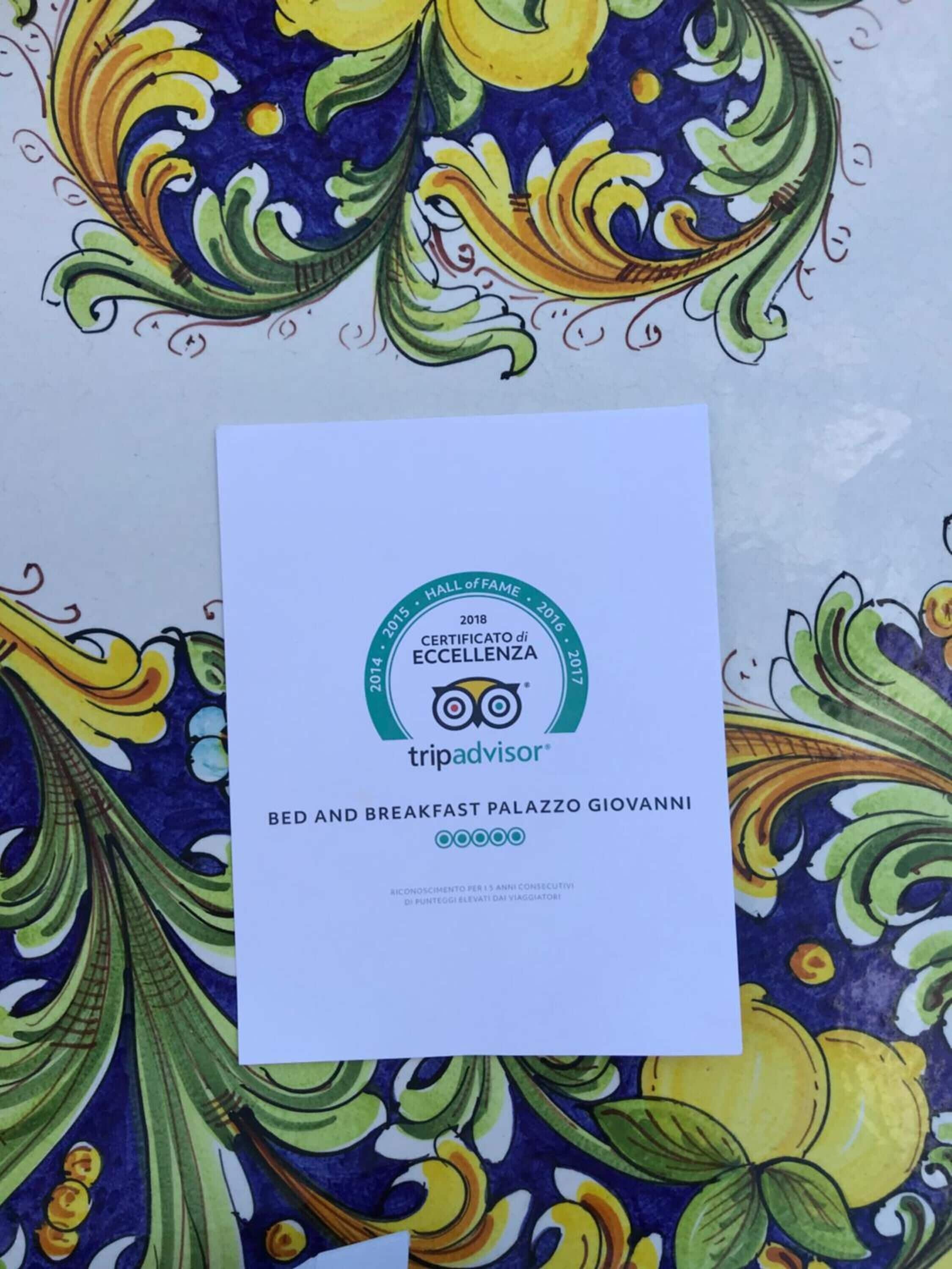 A certificate of excellence from TripAdvisor for Bed and Breakfast Palazzo Giovanni.