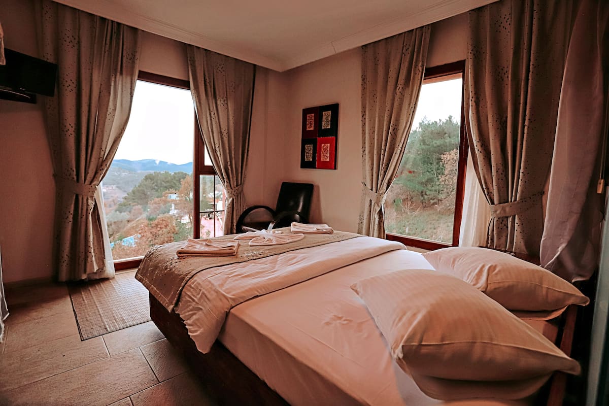 A hotel room with a large bed, two windows with curtains, a chair, and a view of the outdoors.