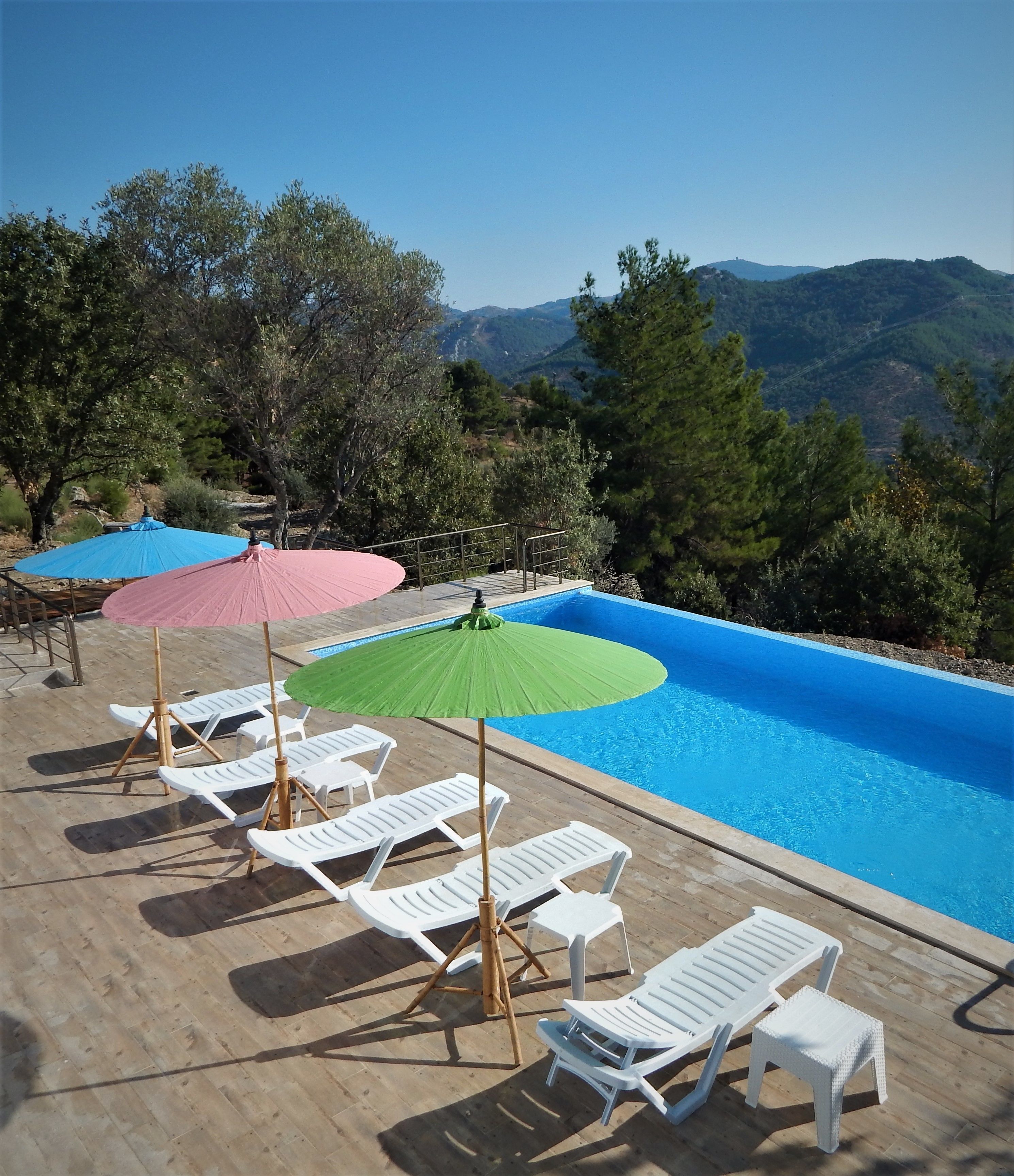 A poolside area with lounge chairs and umbrellas, surrounded by trees and a view of distant hills.