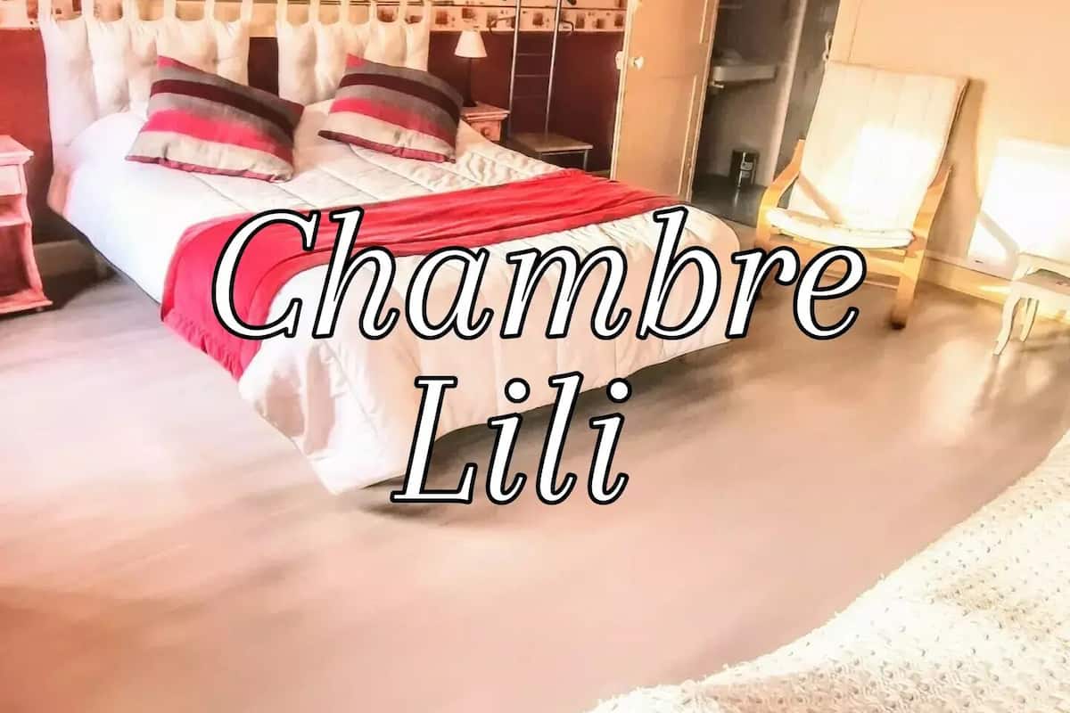 A bedroom with a large bed, a mirror, and a wardrobe.