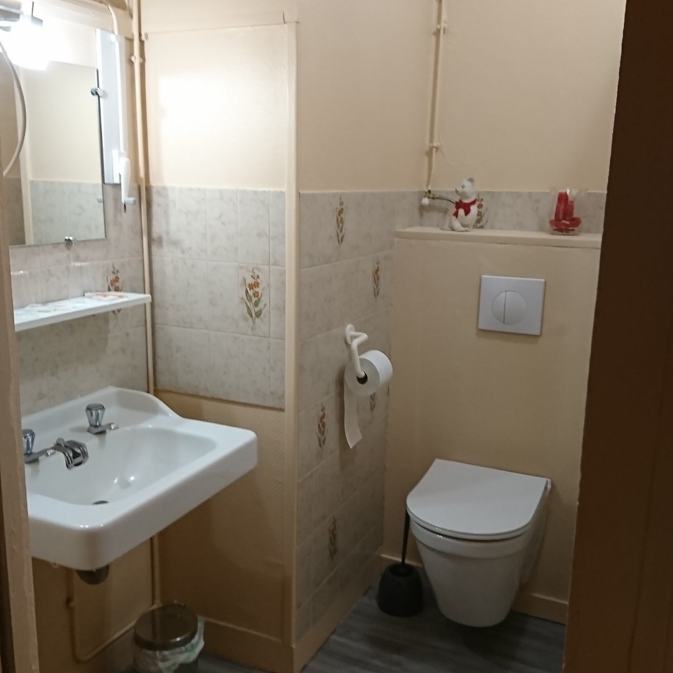 A bathroom with a sink, toilet, and a mirror.