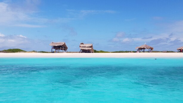 A beach with thatched-roof huts and a clear turquoise sea. - Villa Amalie (Willemstad)