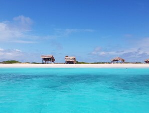 A beach with thatched-roof huts and a clear turquoise sea. - Villa Amalie (Willemstad)