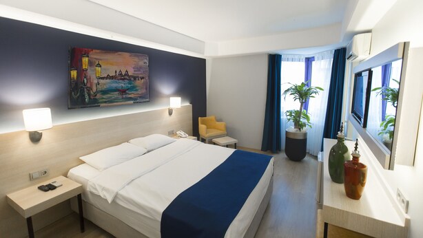 Habitación de hotel con cama, mesitas de noche, escritorio, silla, un cuadro, planta en maceta y ventana con cortinas.