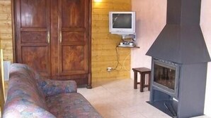 A living room with a sofa, a television, and a fireplace. - Comfortable waterside chalet with private pond fishing in the Morvan. (Moux-En-Morvan)
