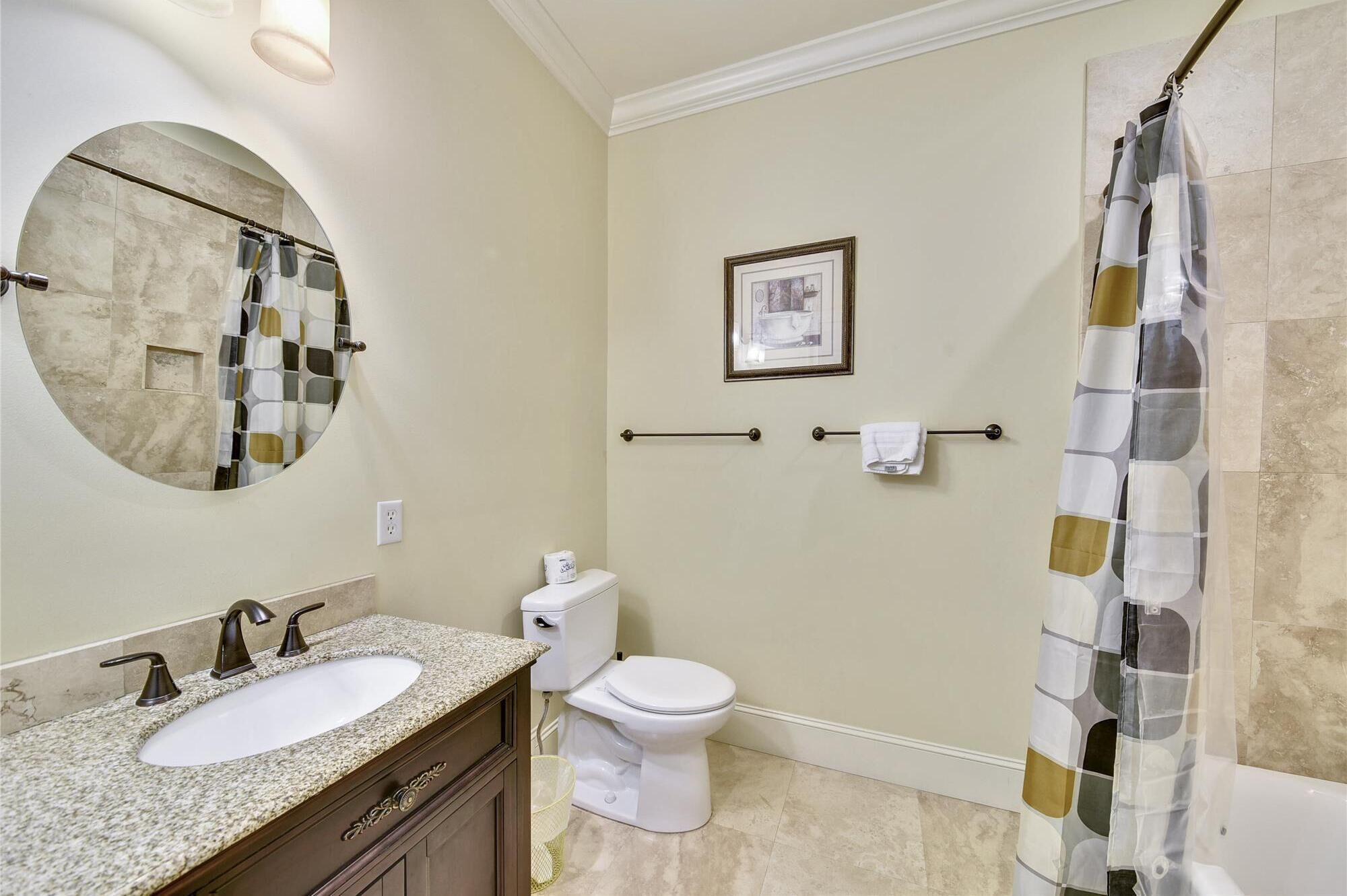 A bathroom with a granite sink, a toilet, a shower curtain, a framed picture on the wall, and a towel rack.
