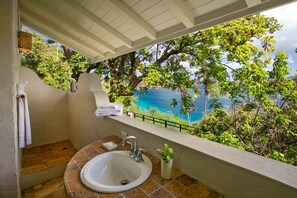 A bathroom with a sink, a small plant, and a view of the ocean.