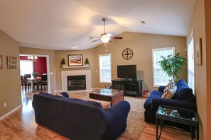 TV, fireplace, ping pong, books