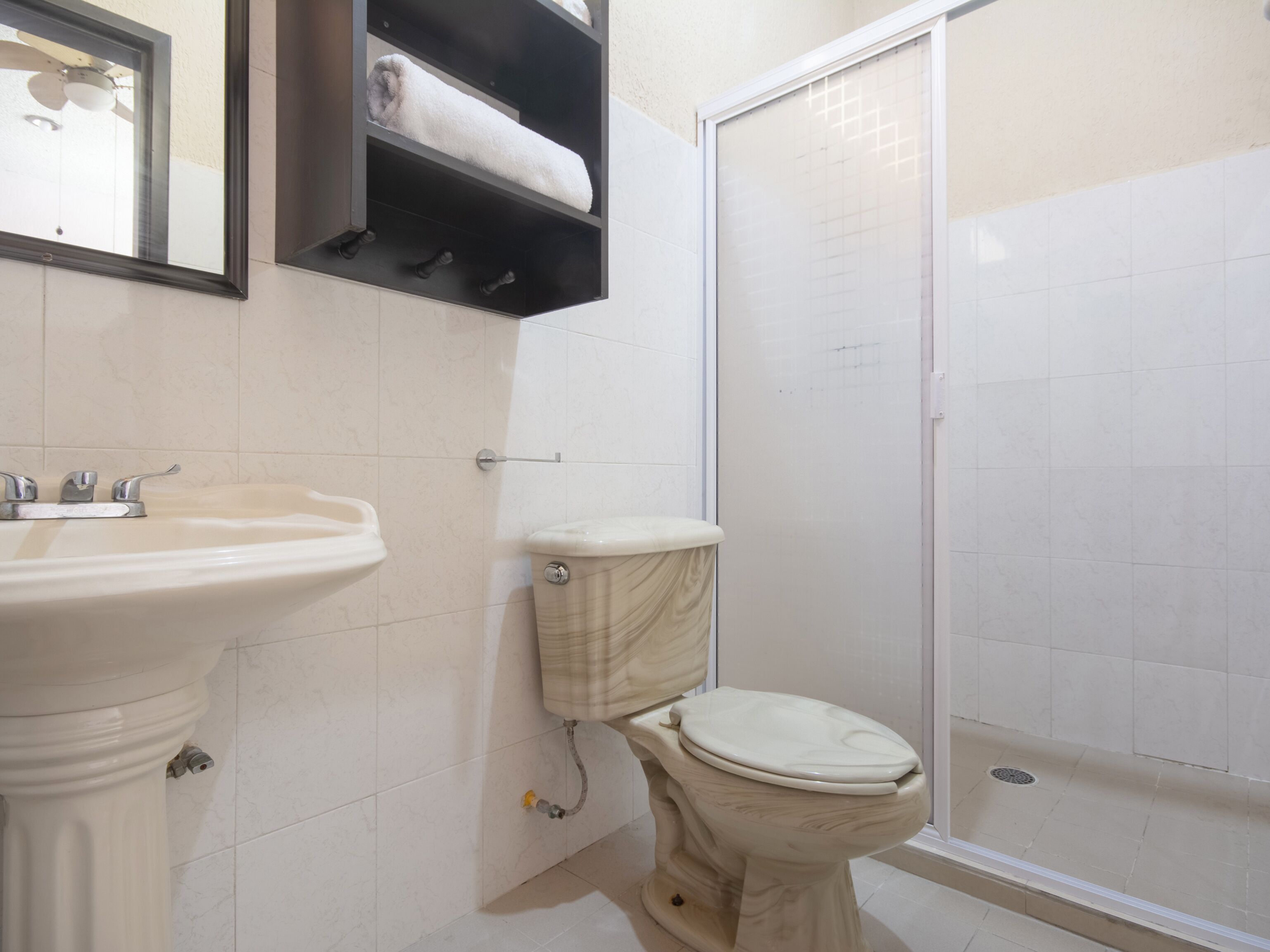 hair dryer, towels, soap, shampoo