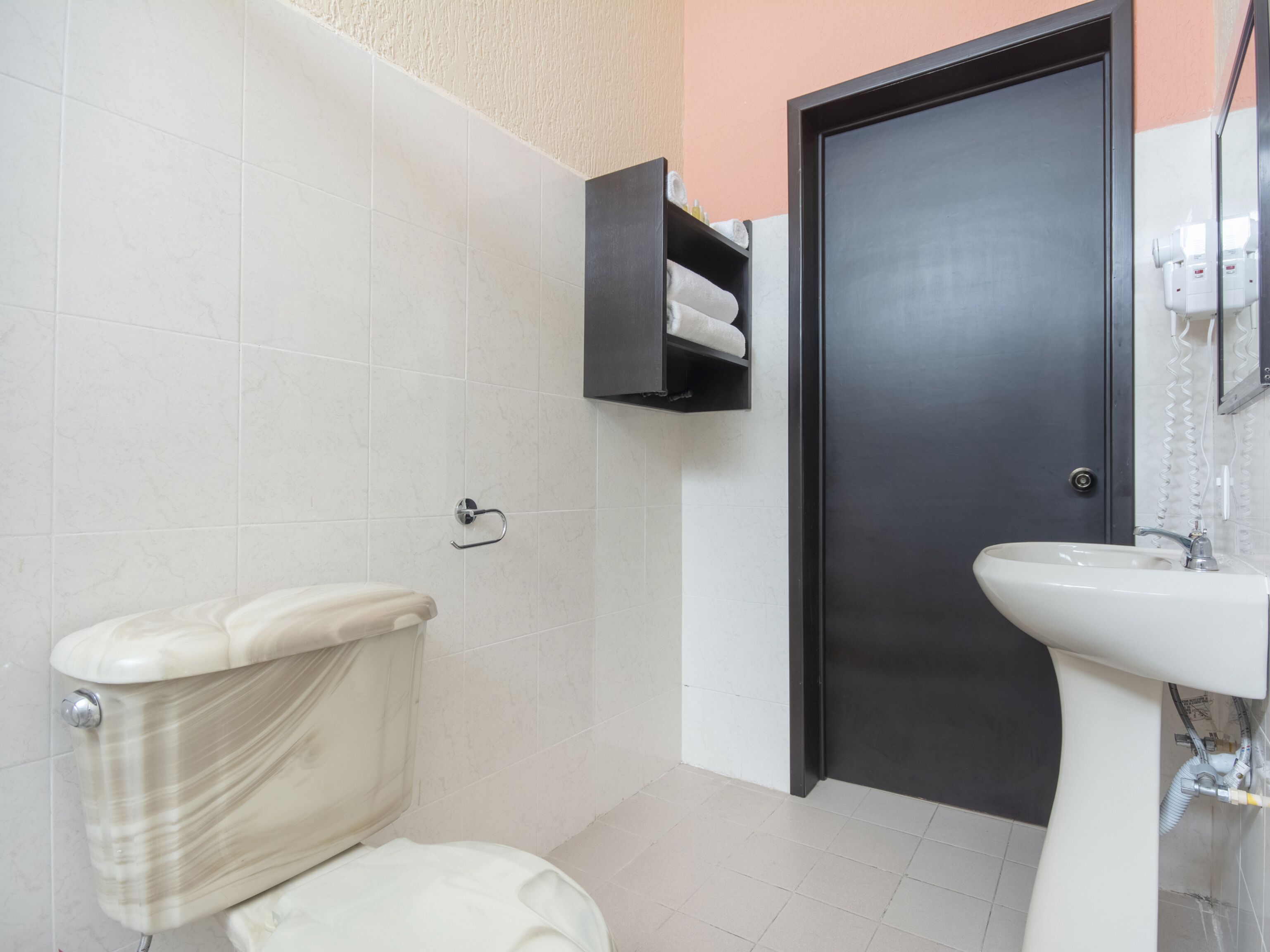 hair dryer, towels, soap, shampoo