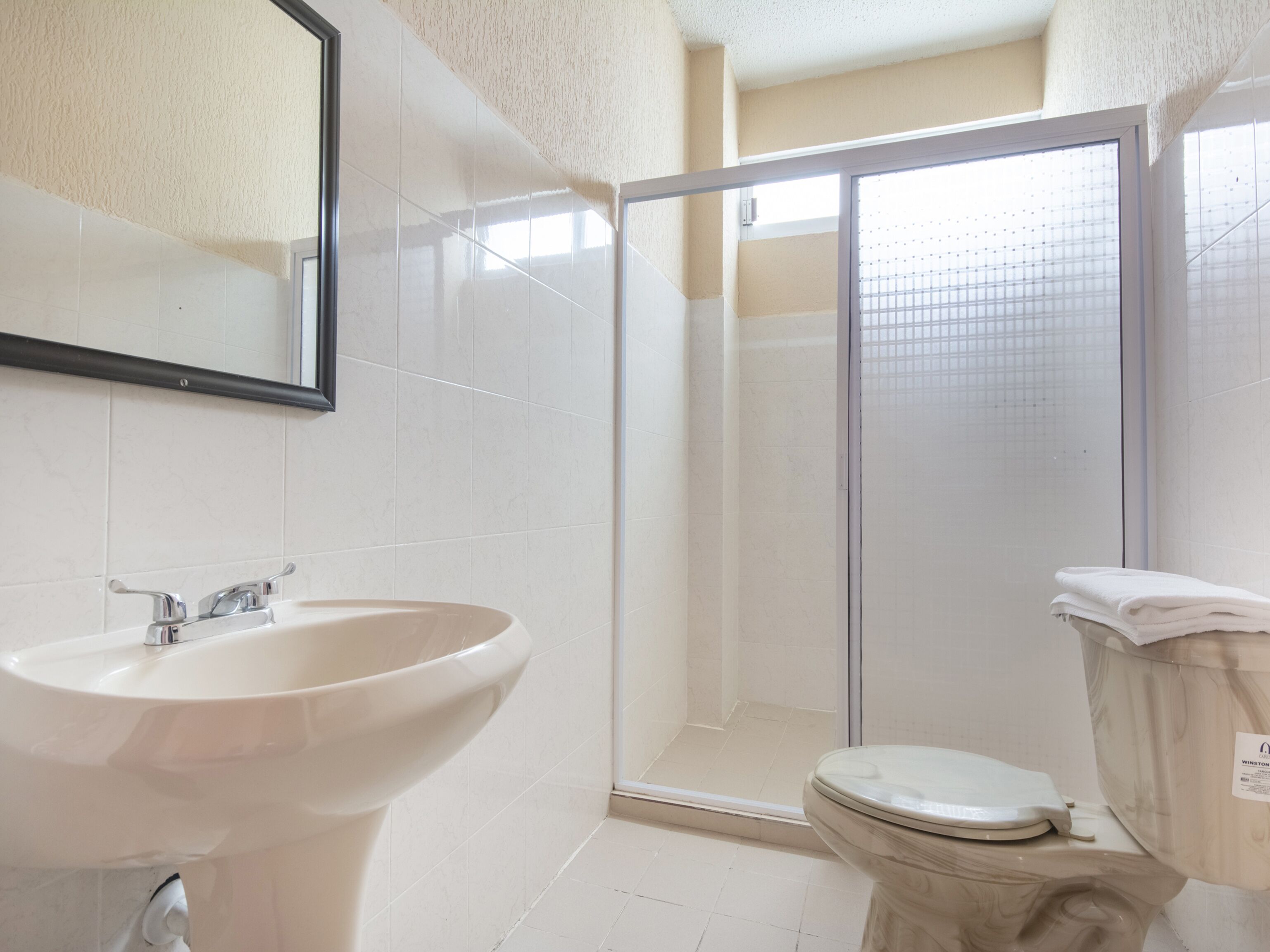 hair dryer, towels, soap, shampoo