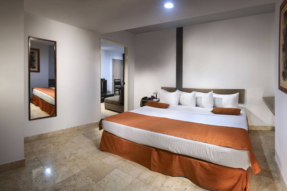 Un dormitorio con una cama grande, una mesita de noche, un espejo y una puerta que da a otra habitación.