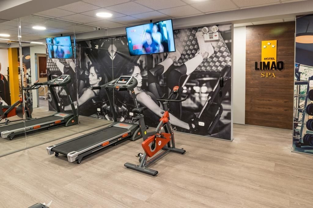 Ett gym med löpband, en motionscykel och en vägg med en stor spegel och en tv-skärm.