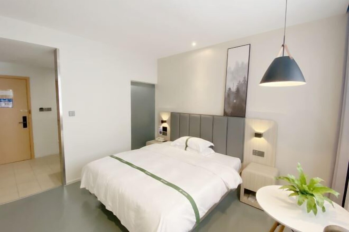 A modern hotel room with a large bed, a bedside table, a small desk, and a potted plant.
