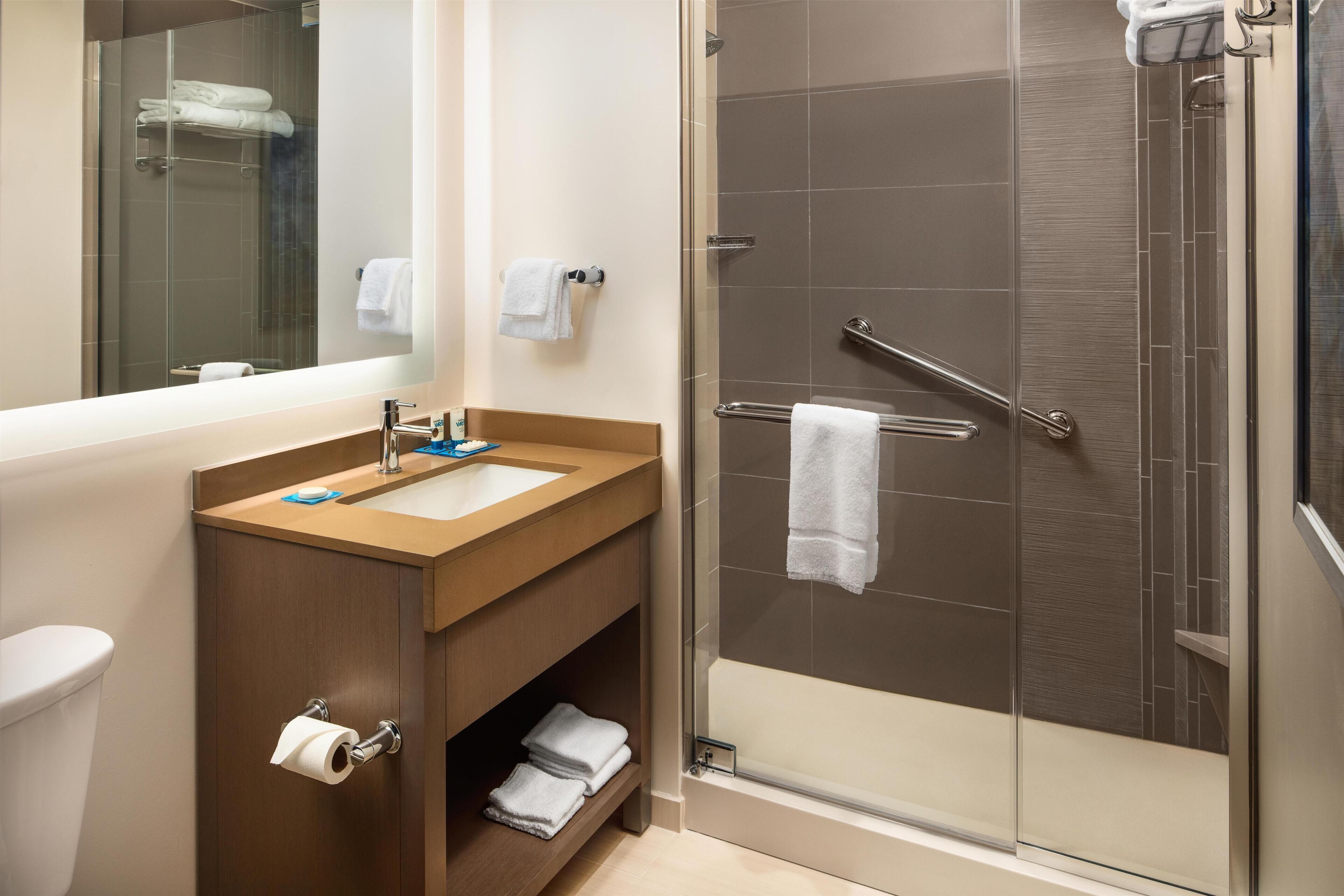 Une salle de bain moderne avec une douche à parois de verre, un lavabo avec un meuble-vasque et des toilettes.