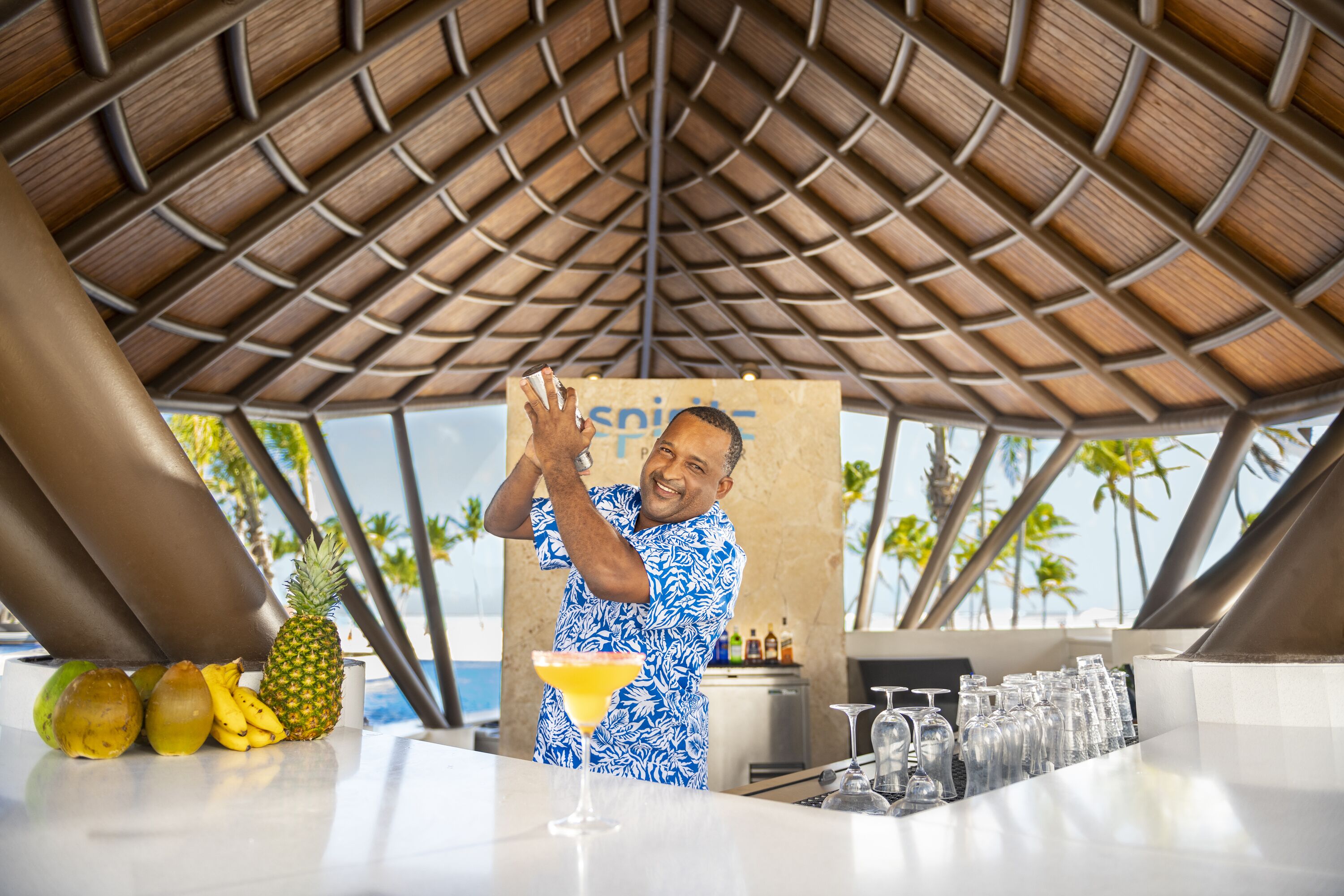 Une personne prépare une boisson dans un bar, avec des fruits tropicaux et une vue sur la plage.