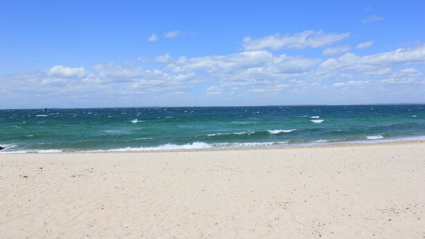 A beach with a clear sky and calm sea.