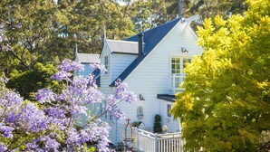 A white house with a blue roof, surrounded by trees and purple flowers. - The Cottage North Narooma (NORTH NAROOMA)