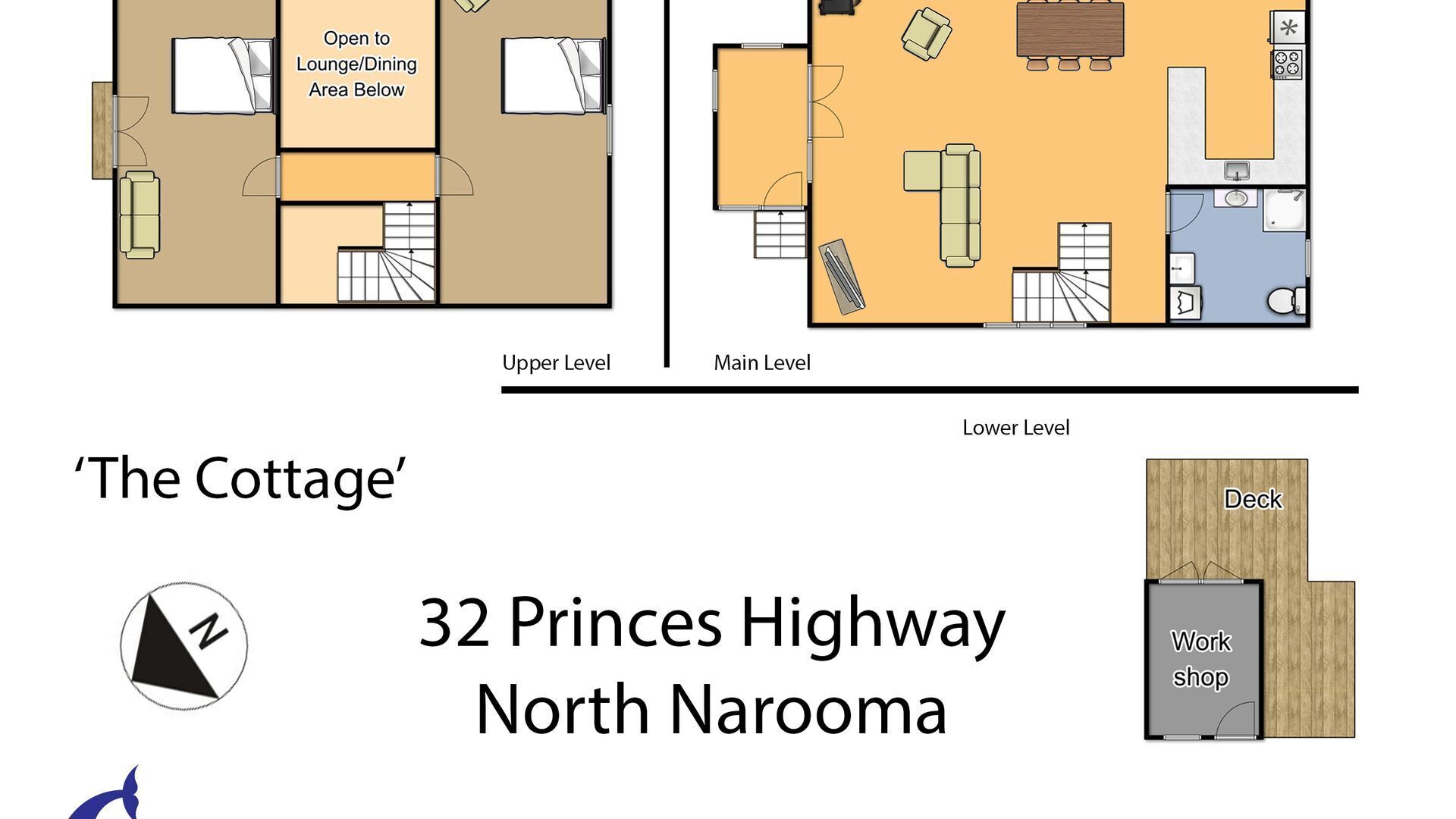 Pianta planimetrica de 'The Cottage' in 32 Princes Highway, North Narooma, con tre livelli: superiore, principale e inferiore.
