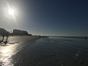 On the beach, sun-loungers