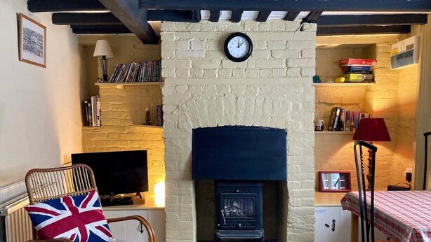 Een knusse woonkamer met een open haard, een televisie en een boekenkast.