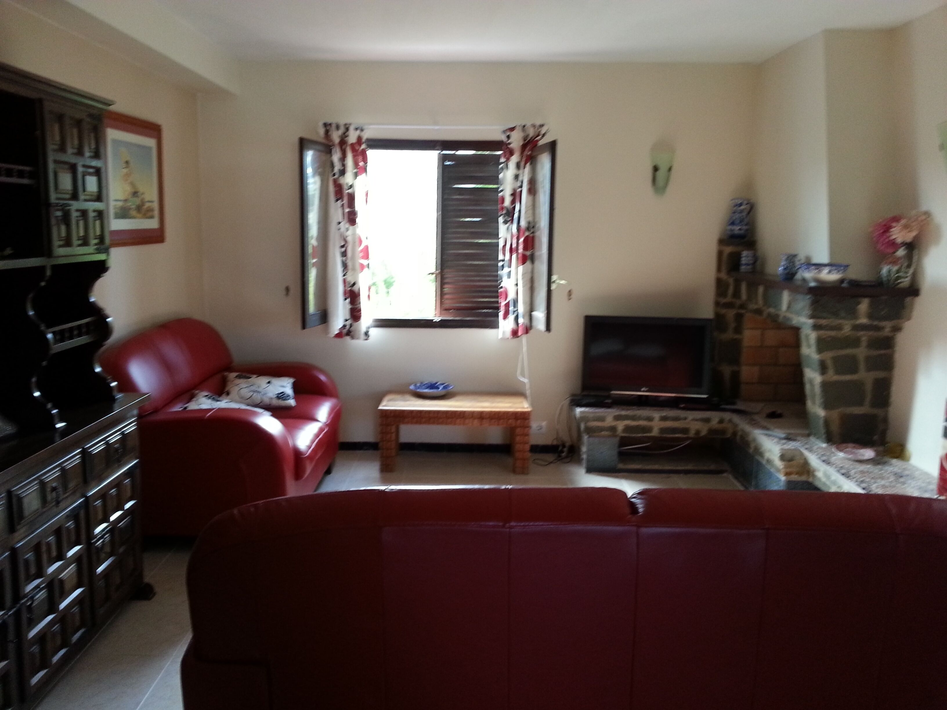A living room with a red sofa, a wooden coffee table, a fireplace, and a television.