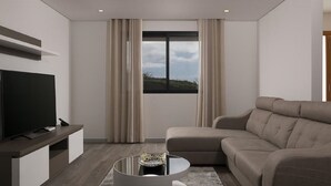 A modern living room with a flat-screen TV, a sofa, a coffee table, and a large window with curtains. - Villa Guinea - Fantastic House With Spectacular Views And Pool  (Funchal- Madeira)