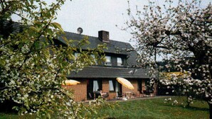 A house with a brick exterior, a sloped roof, and a visible chimney. There is a lawn in front of the house, and a tree with white blossoms to the right. - Vacation in the middle of nature (Nahrendorf)