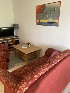 A living room with a sofa, a coffee table, and a TV.