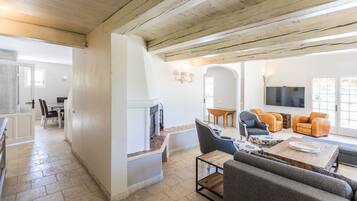 TV connectée, cheminée, livres, chaßne hi-fi