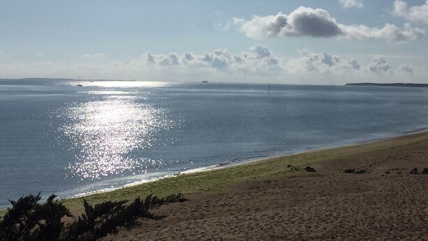 Una playa con cielo despejado y mar tranquilo.