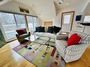 Smart TV, fireplace, DVD player, books