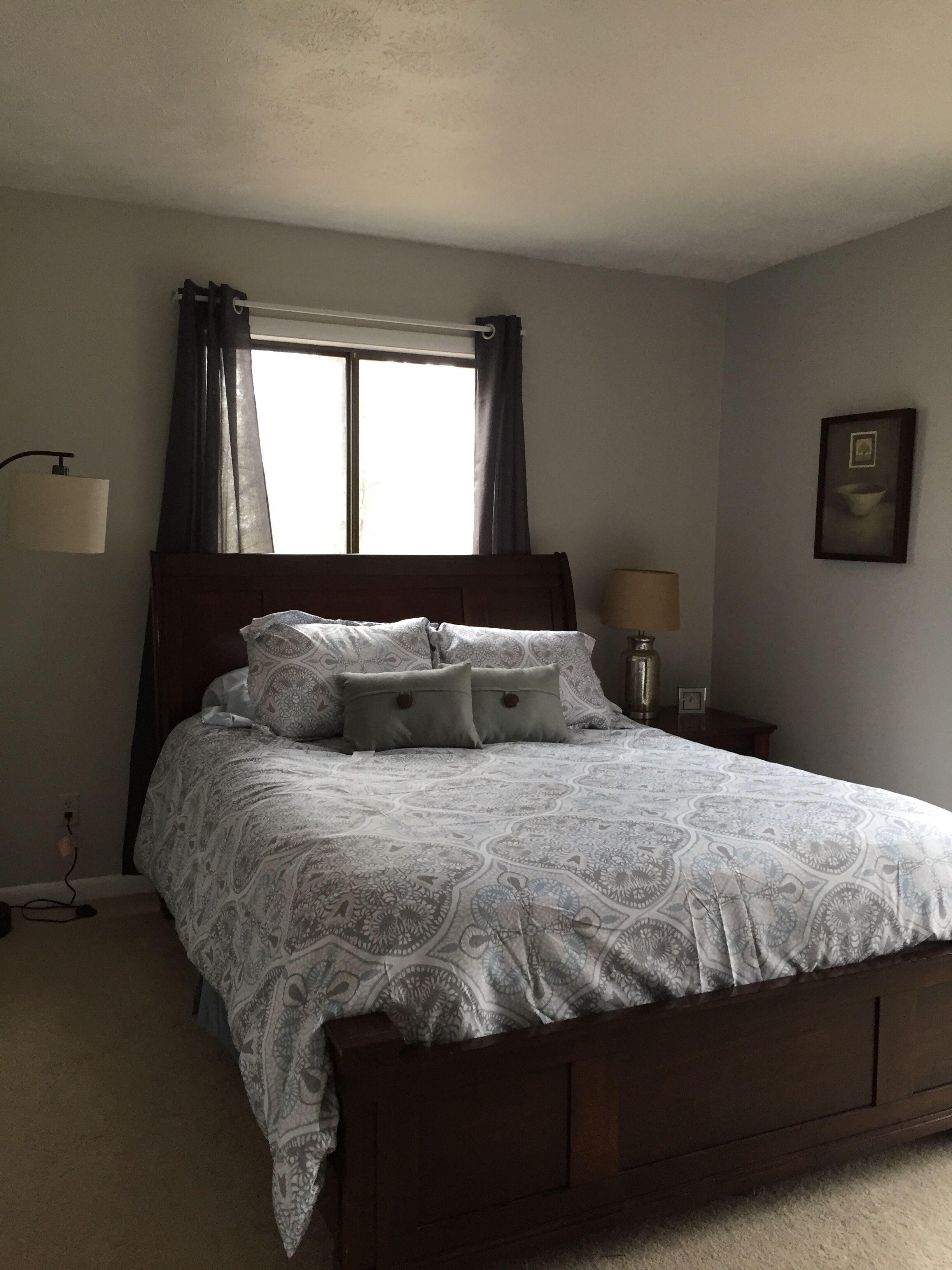 A bedroom with a large bed, a window with curtains, a bedside lamp, and a framed picture on the wall.