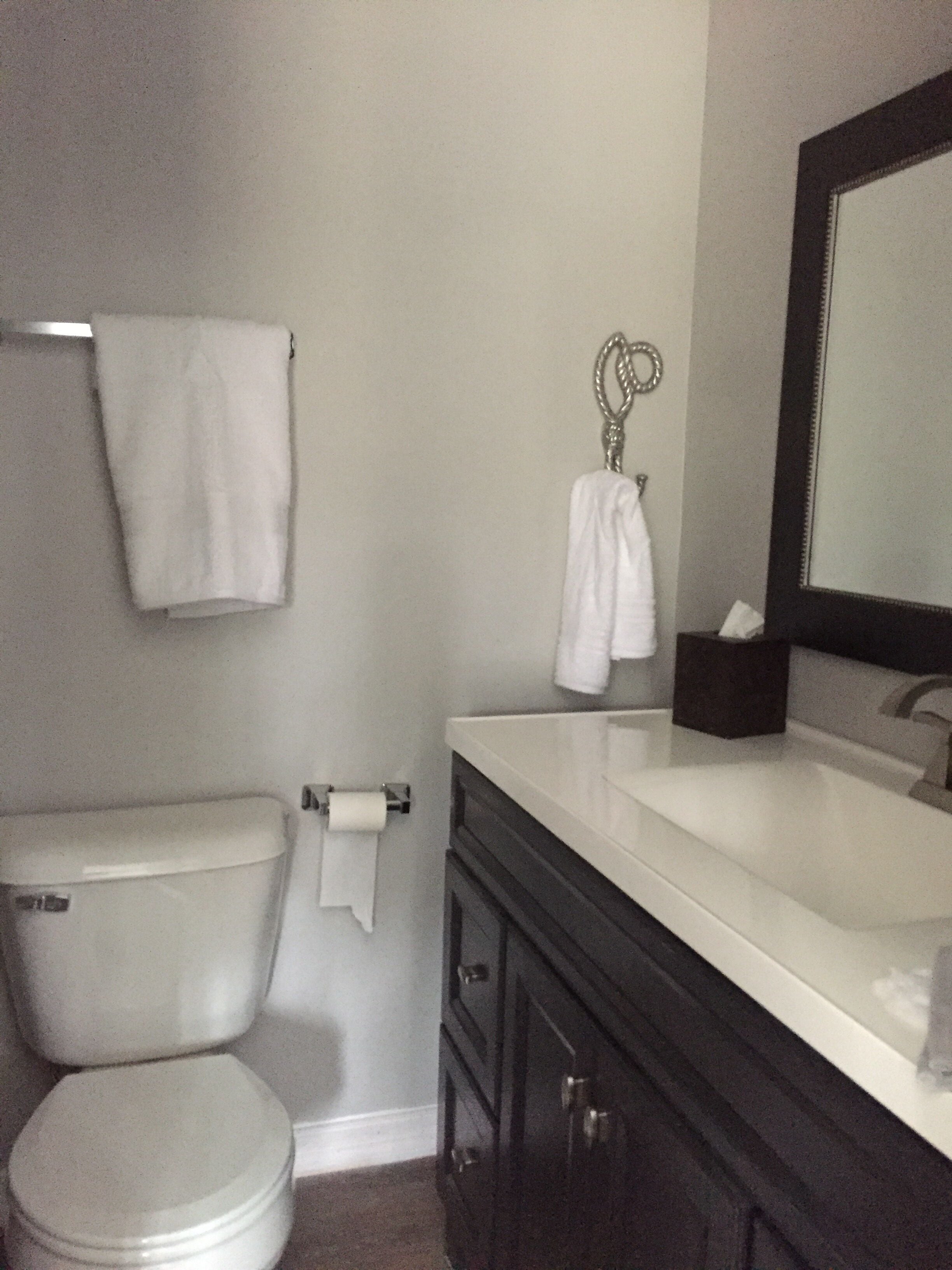 A bathroom with a toilet, a sink, and a mirror.