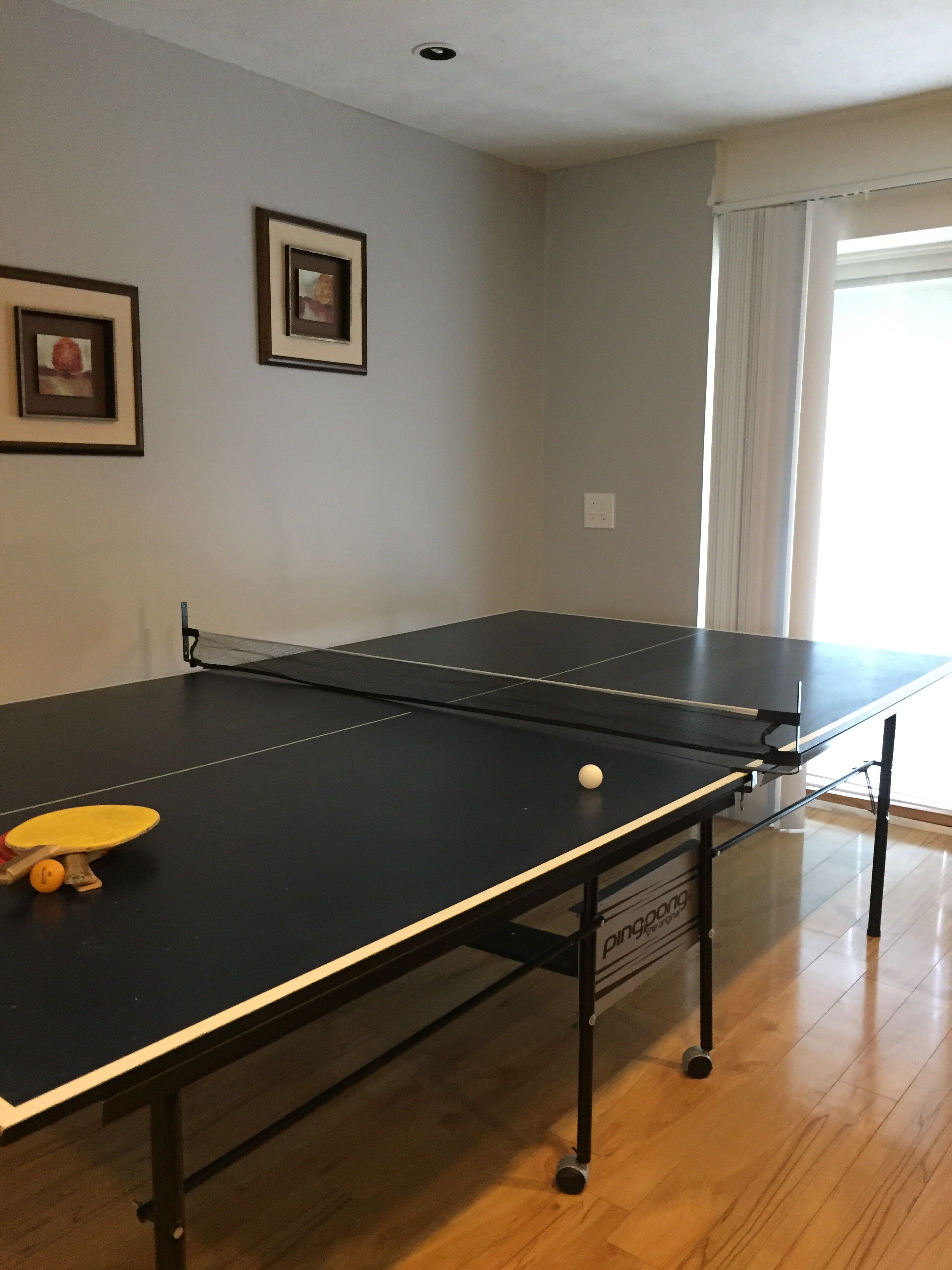 A ping pong table in a room with wooden flooring, a ceiling light, and two framed pictures on the wall.