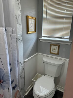 A bathroom with a toilet, a window with blinds, and two framed pictures on the wall. - Super close to campus and Lloyd Noble Center. Clean home with updated kitchen. (Norman)