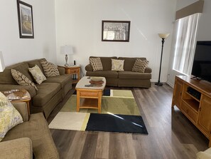 Smart TV, DVD player, books, music library