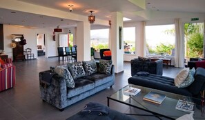 Smart TV, fireplace, books, stereo