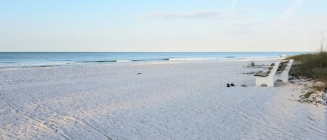 Plage à proximité, chaise longue, serviettes de plage