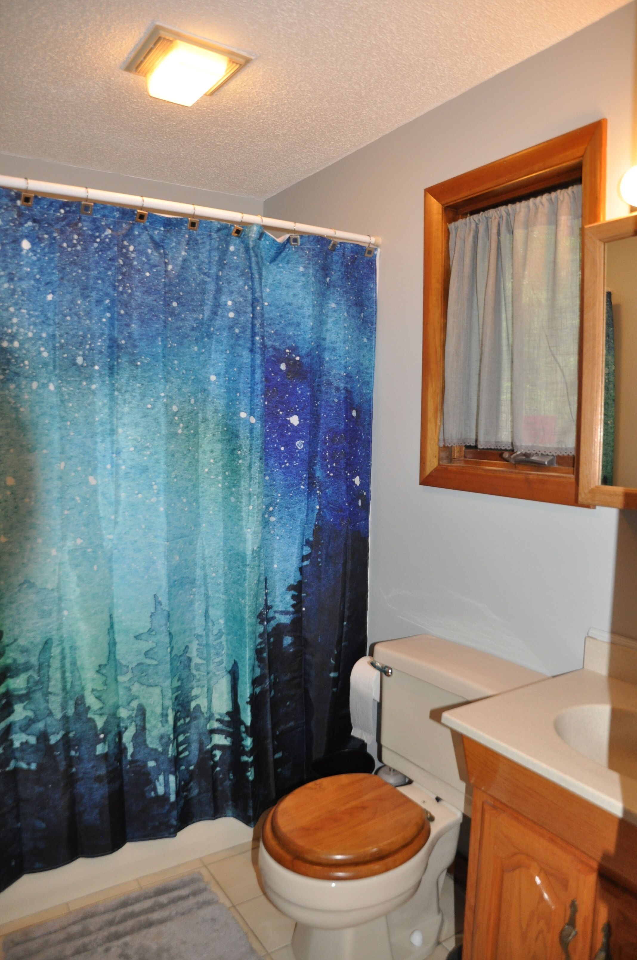 A bathroom with a starry night shower curtain, a wooden toilet, and a wooden cabinet.