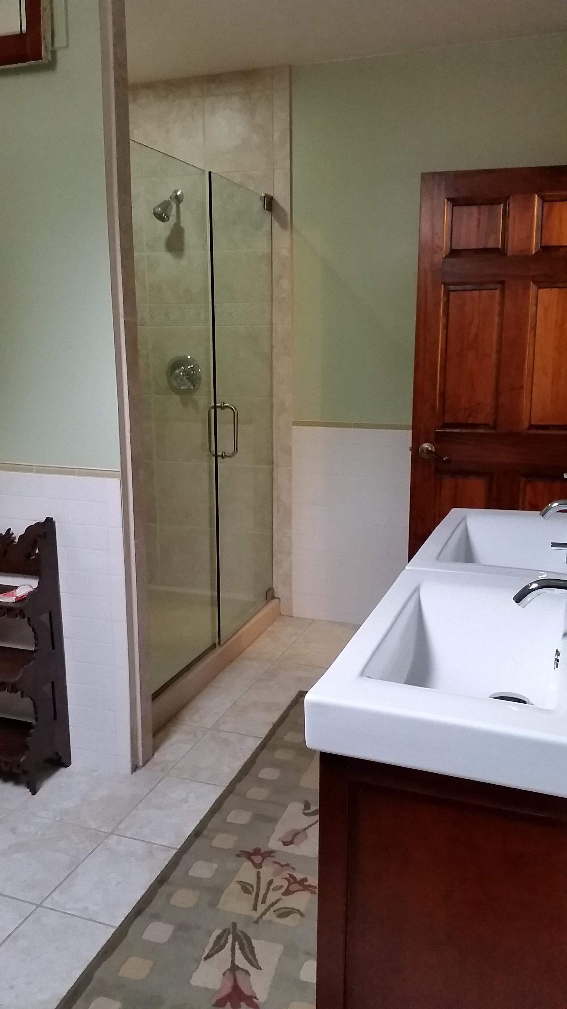 A bathroom with a shower, a sink, and a wooden door.