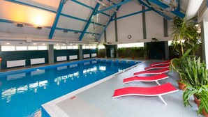 An indoor swimming pool with a high ceiling and blue beams, surrounded by red lounge chairs and potted plants. - Geovita Zlockie (Muszyna)