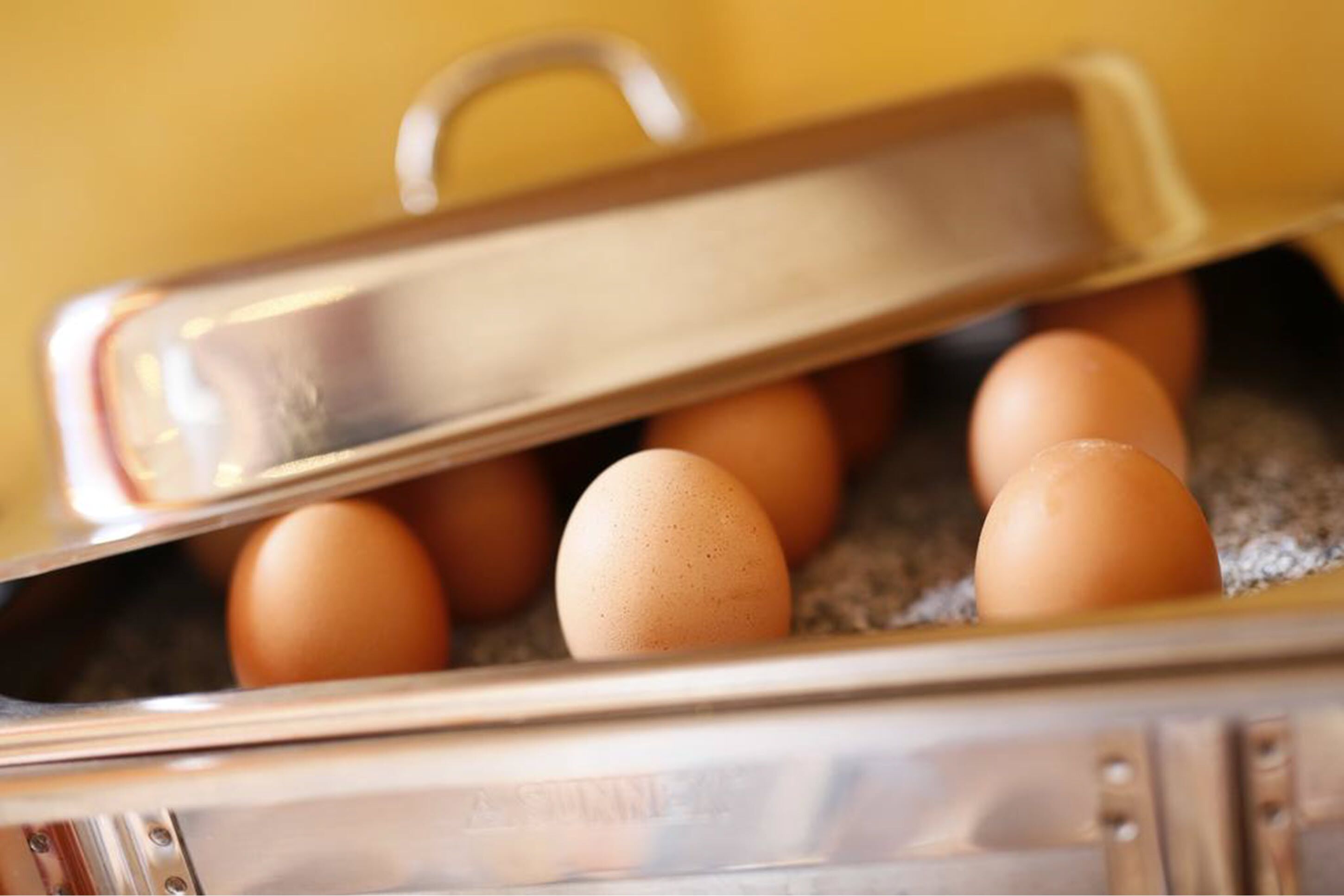 A stainless steel egg cooker with a lid, containing several eggs.