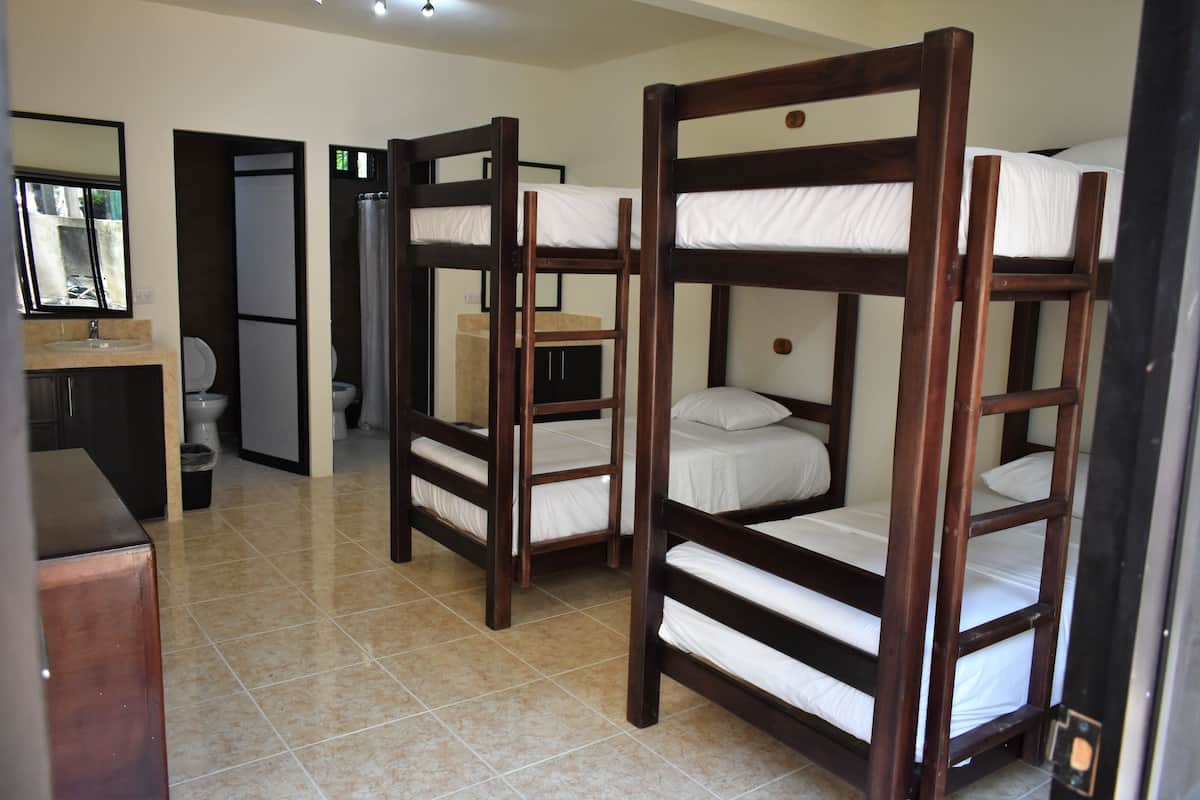 A room with bunk beds, a sink, and a mirror.