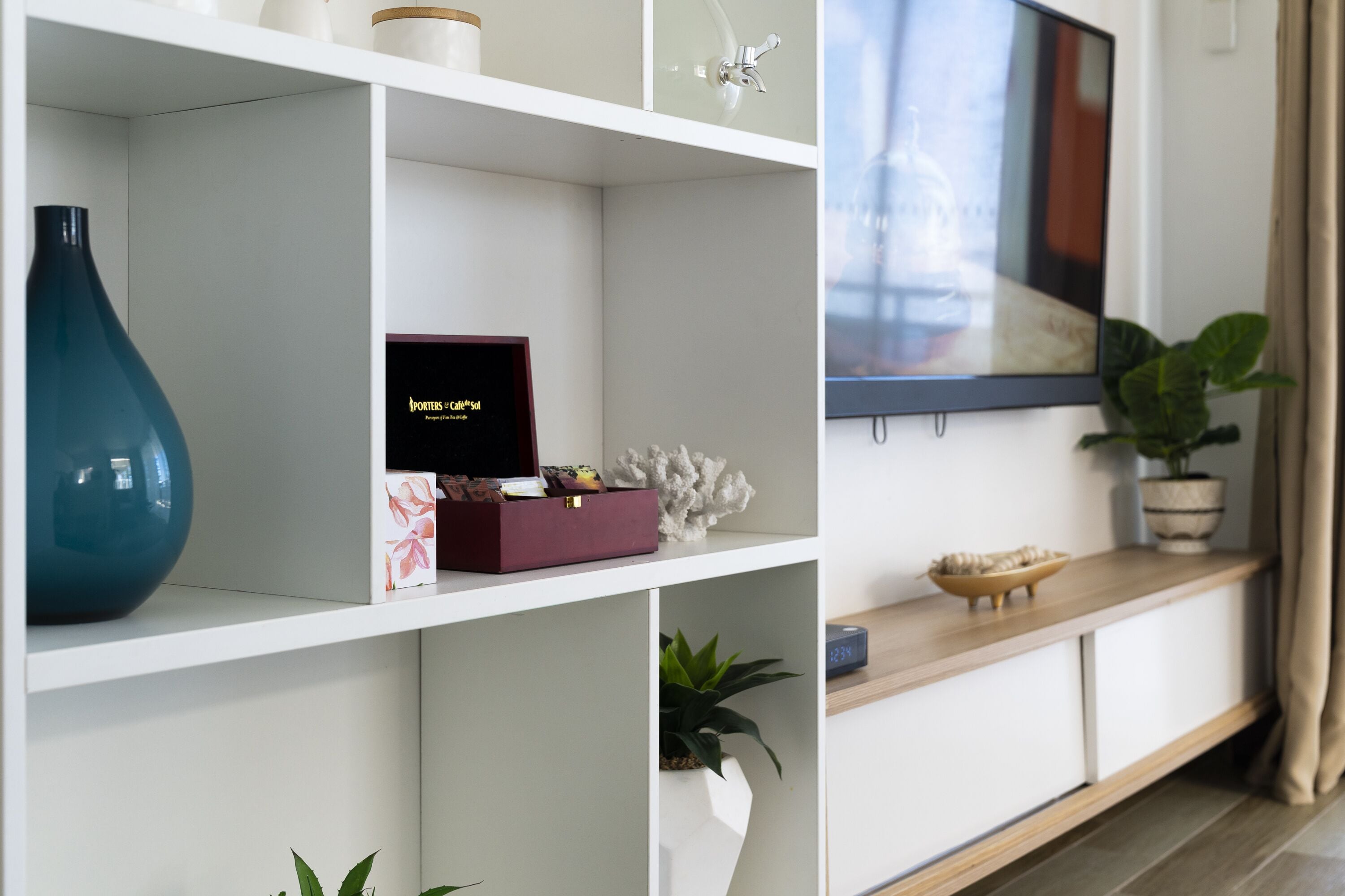 A modern living room with a white console table, a large flat-screen TV mounted on the wall, and a potted plant on the right side.