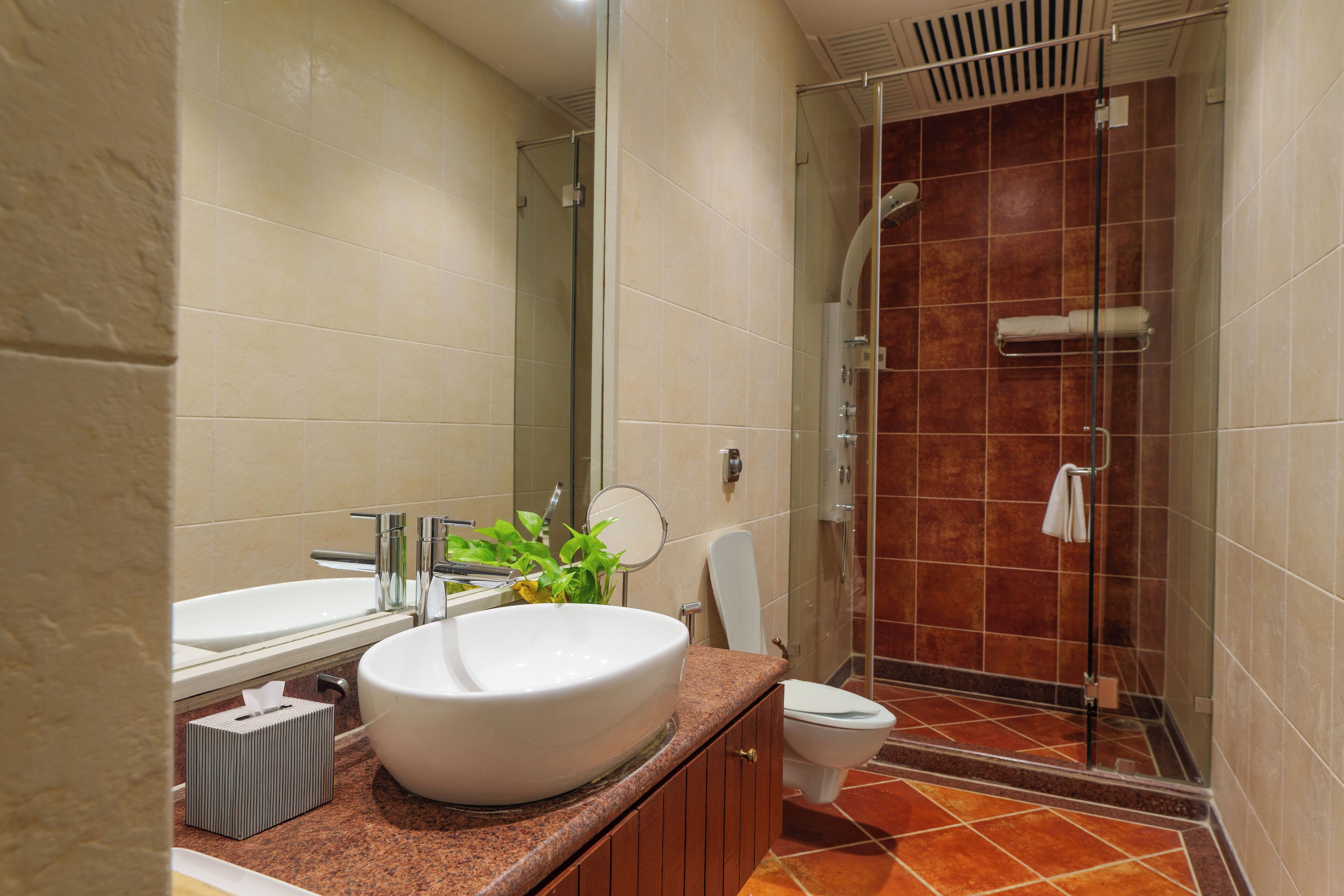 A modern bathroom with a large white sink, a mirror, a toilet, and a glass-enclosed shower area.